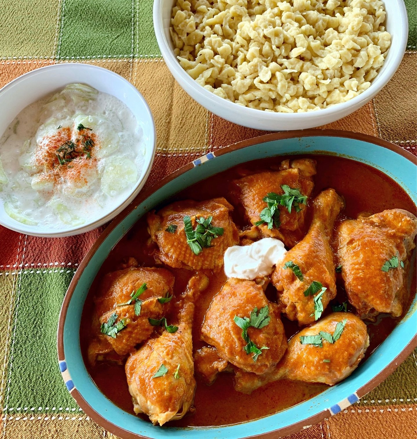 Chicken Paprikash with dumplings and cucumber salad