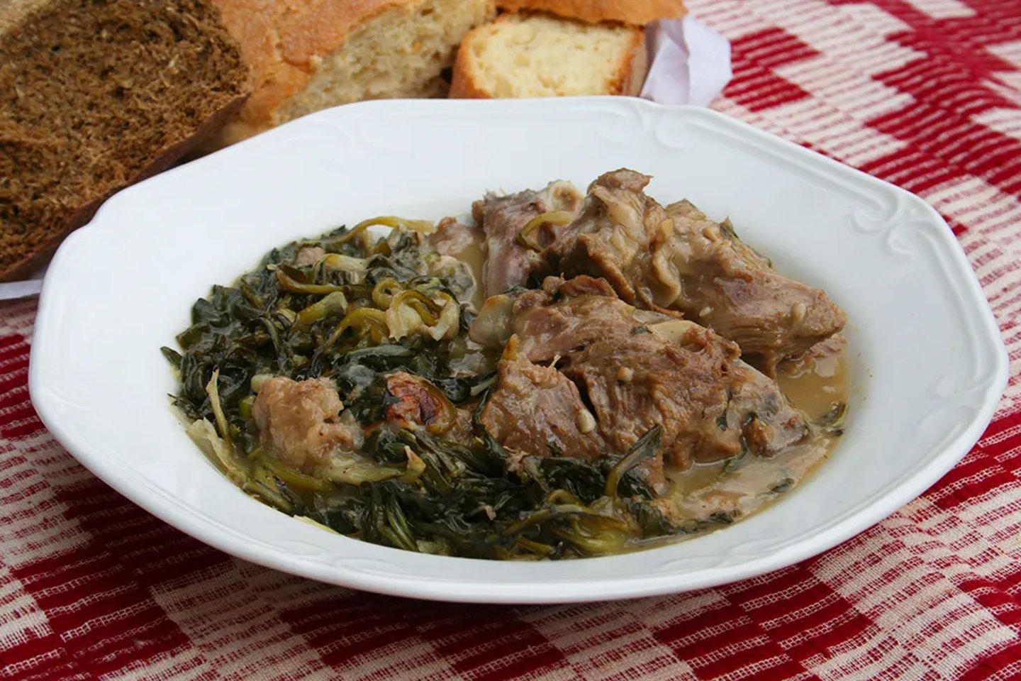 A dish of lamb with stamnagathi