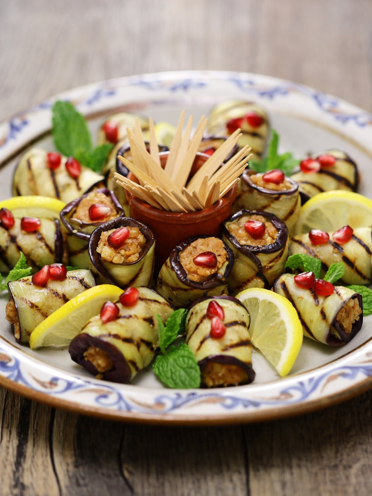 Georgian eggplant and walnut rolls served as an appetizer