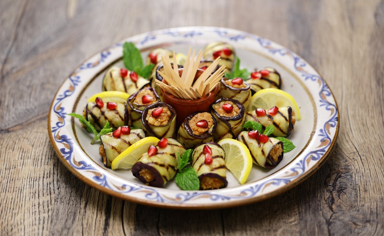 Georgian eggplant and walnut rolls served as an appetizer