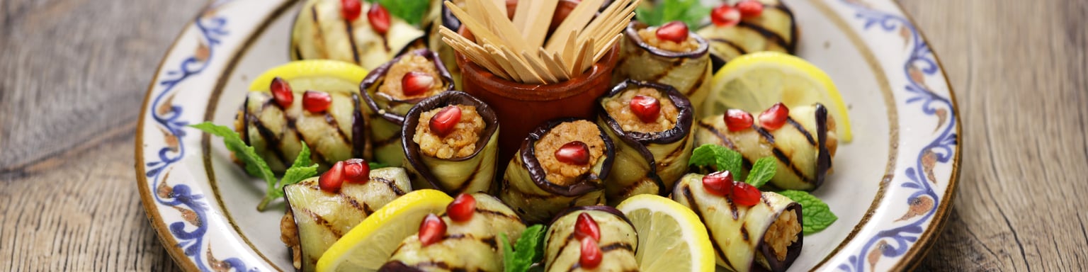Georgian eggplant and walnut rolls served as an appetizer