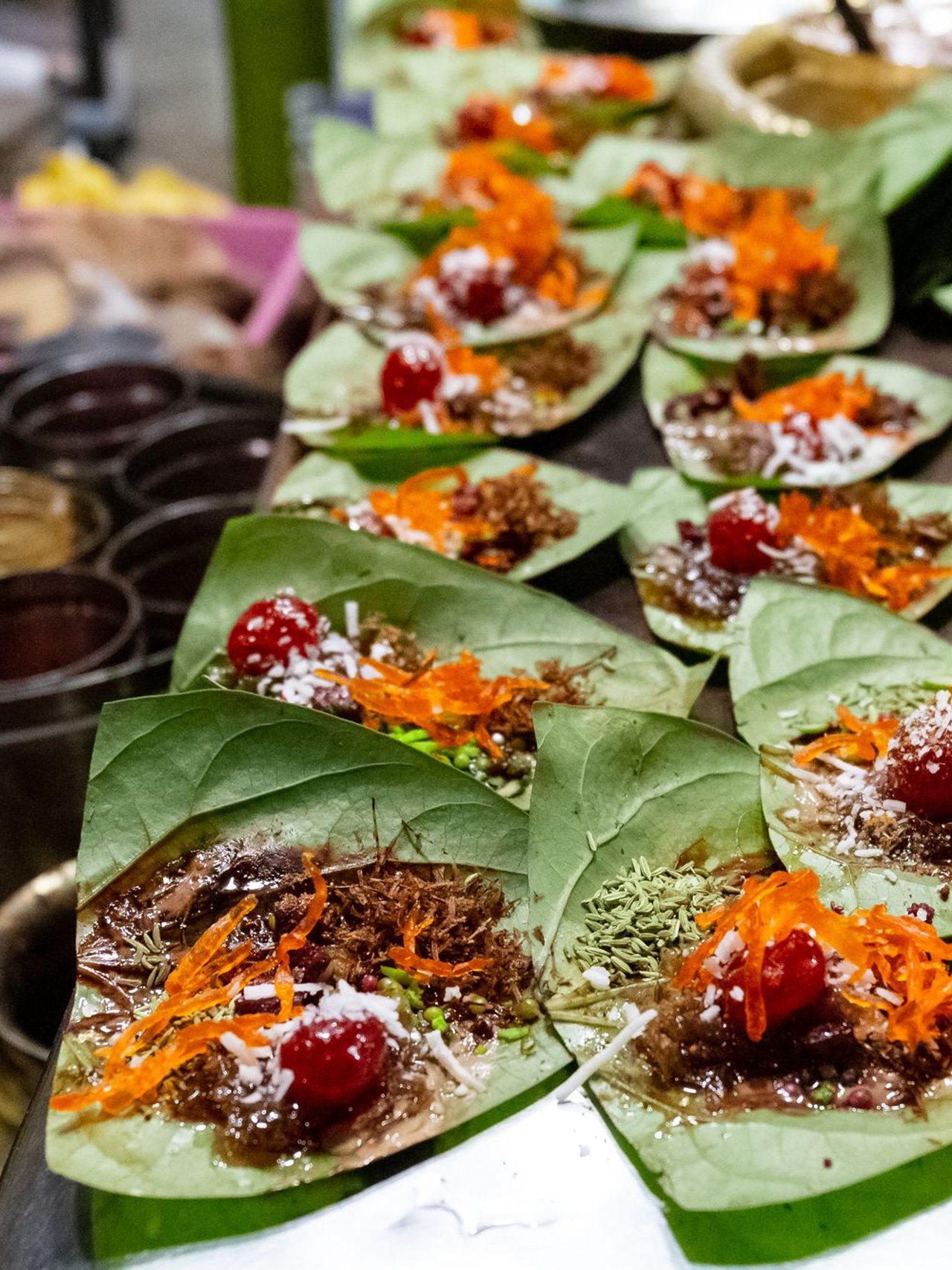 Rows of paan in a shop in Varanasi, India.