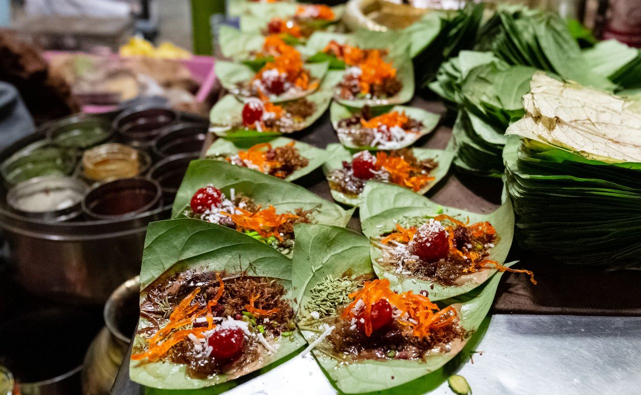 Rows of paan in a shop in Varanasi, India.