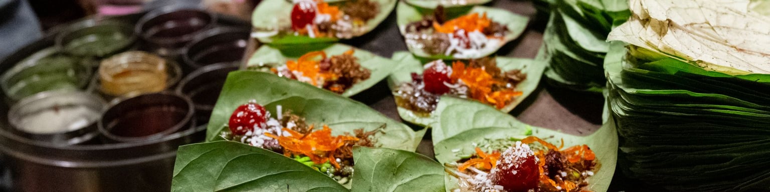 Rows of paan in a shop in Varanasi, India.