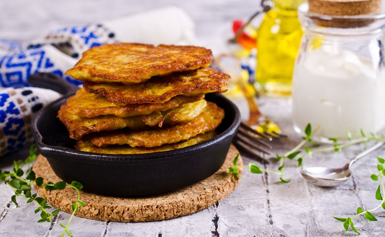 A stack of Irish boxty in a pan