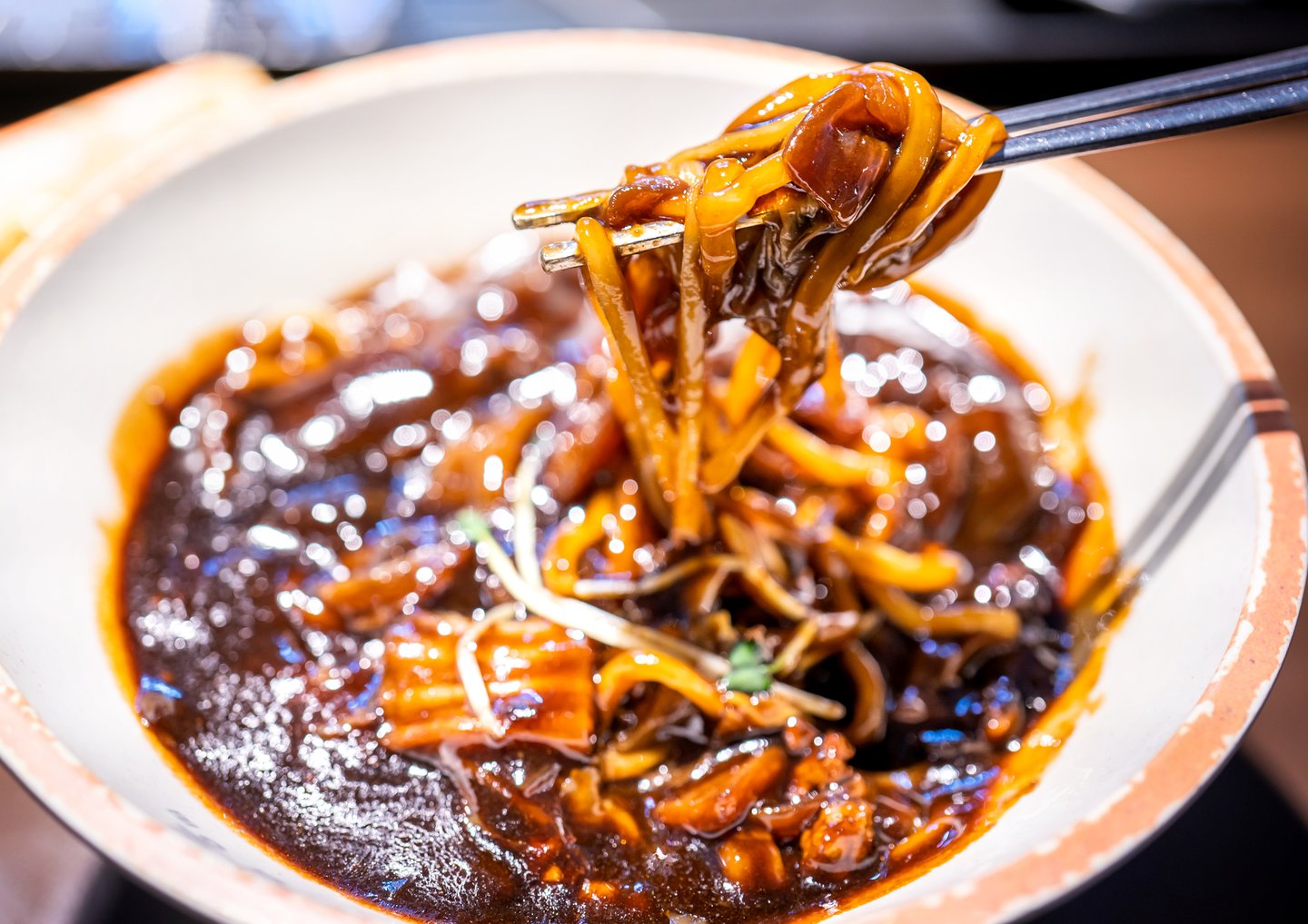 A bowl of Jjajangmyeon, black bean noodles
