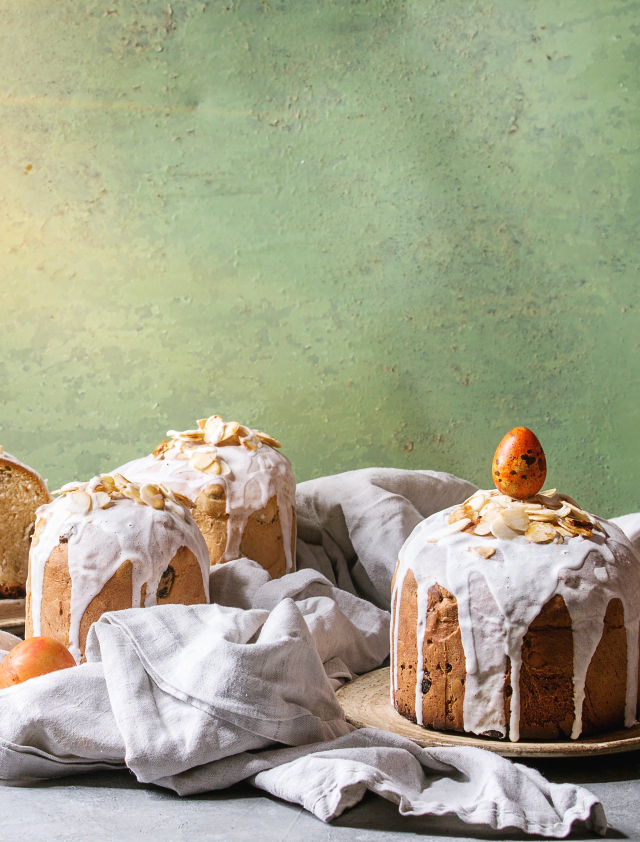 Decorated kulich on a table for Easter