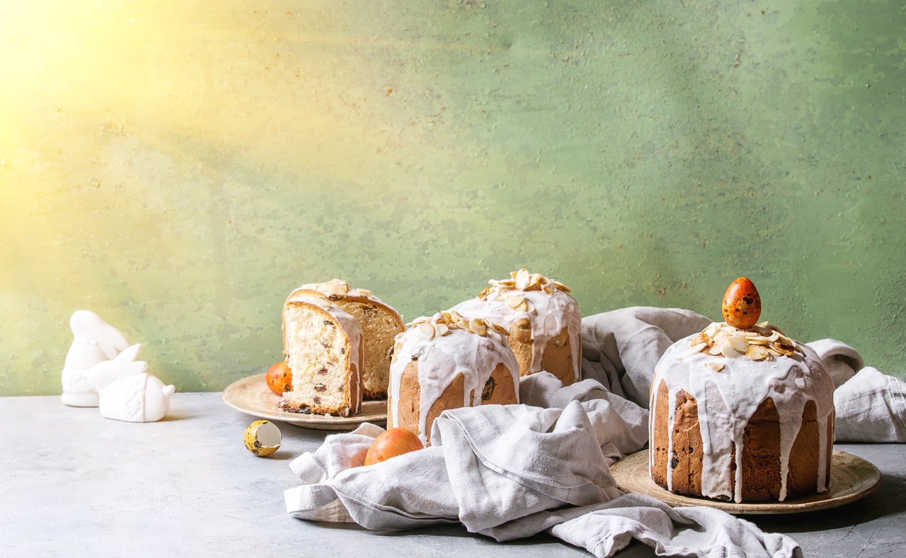 Decorated kulich on a table for Easter