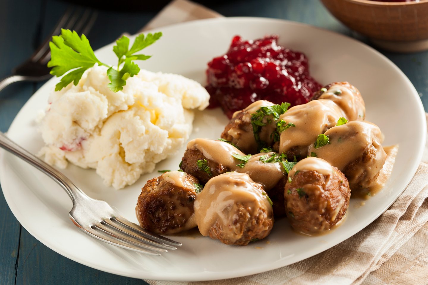 Swedish meatballs with mashed potatoes and ligonberry sauce