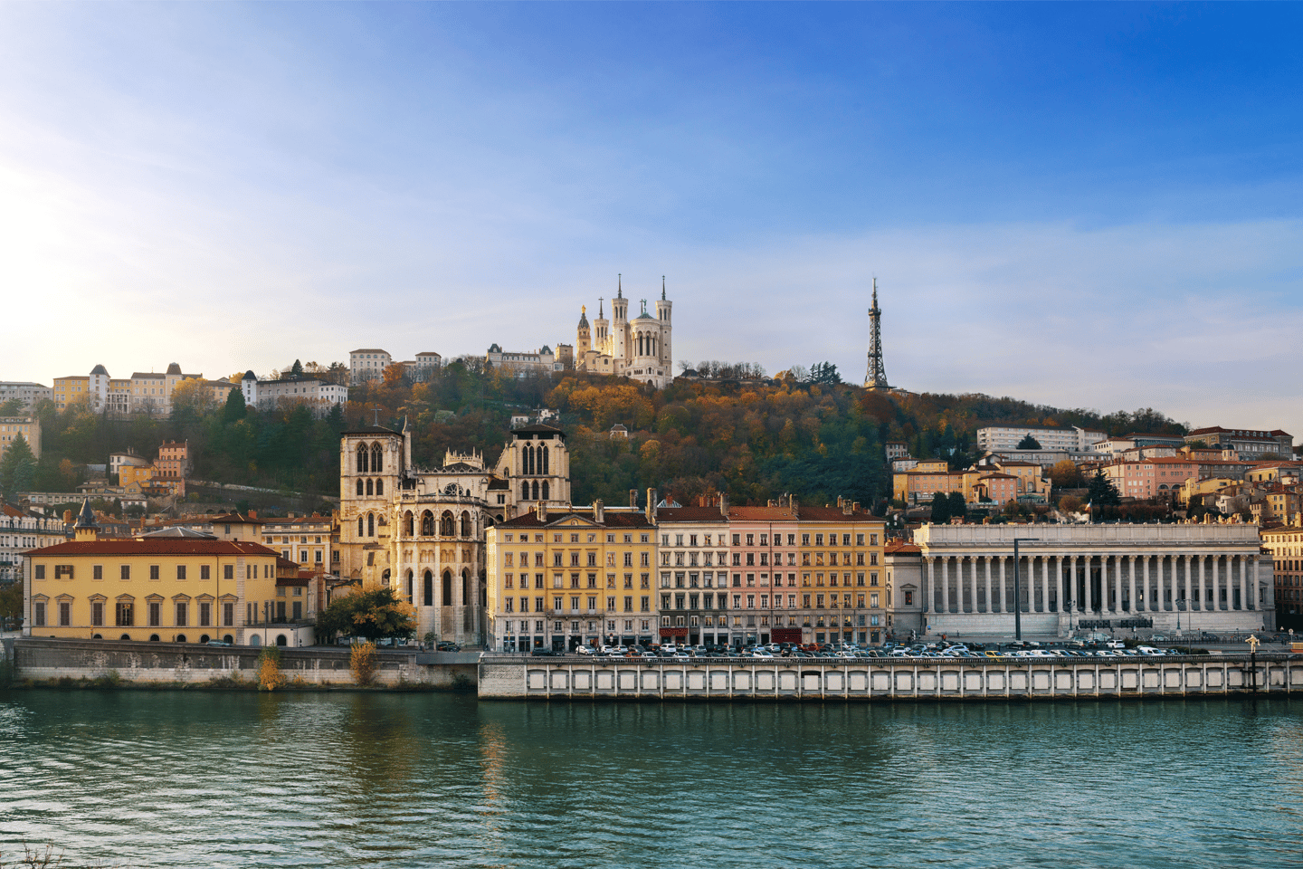 Lyon city and Fourviere Hill in front of the Saone River