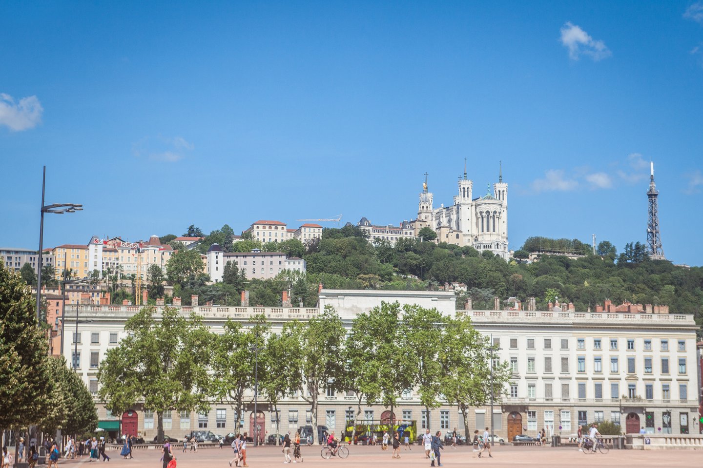 The Basilique Notre Dame de Fourviere Church on the hill above the Place Bellecour in Lyon, France 