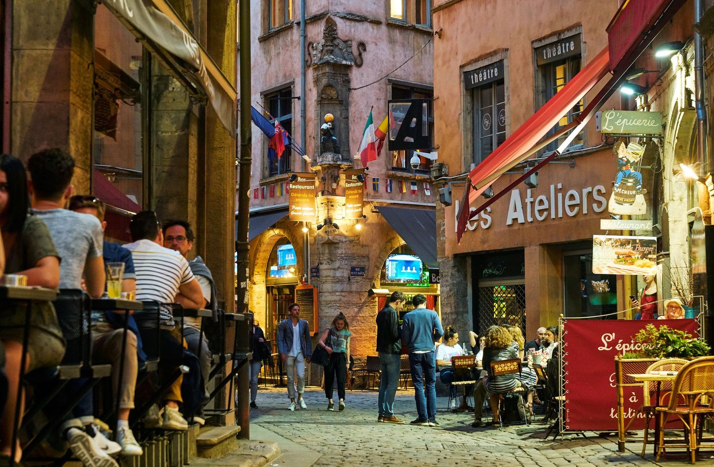 Cafes in the streets close to Place Bellecour in Lyon, France