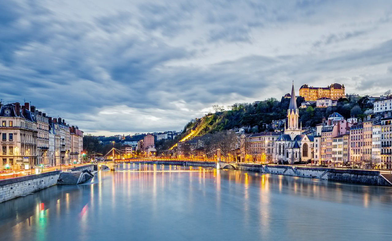 Lyon old town and basilica on a winter's evening 