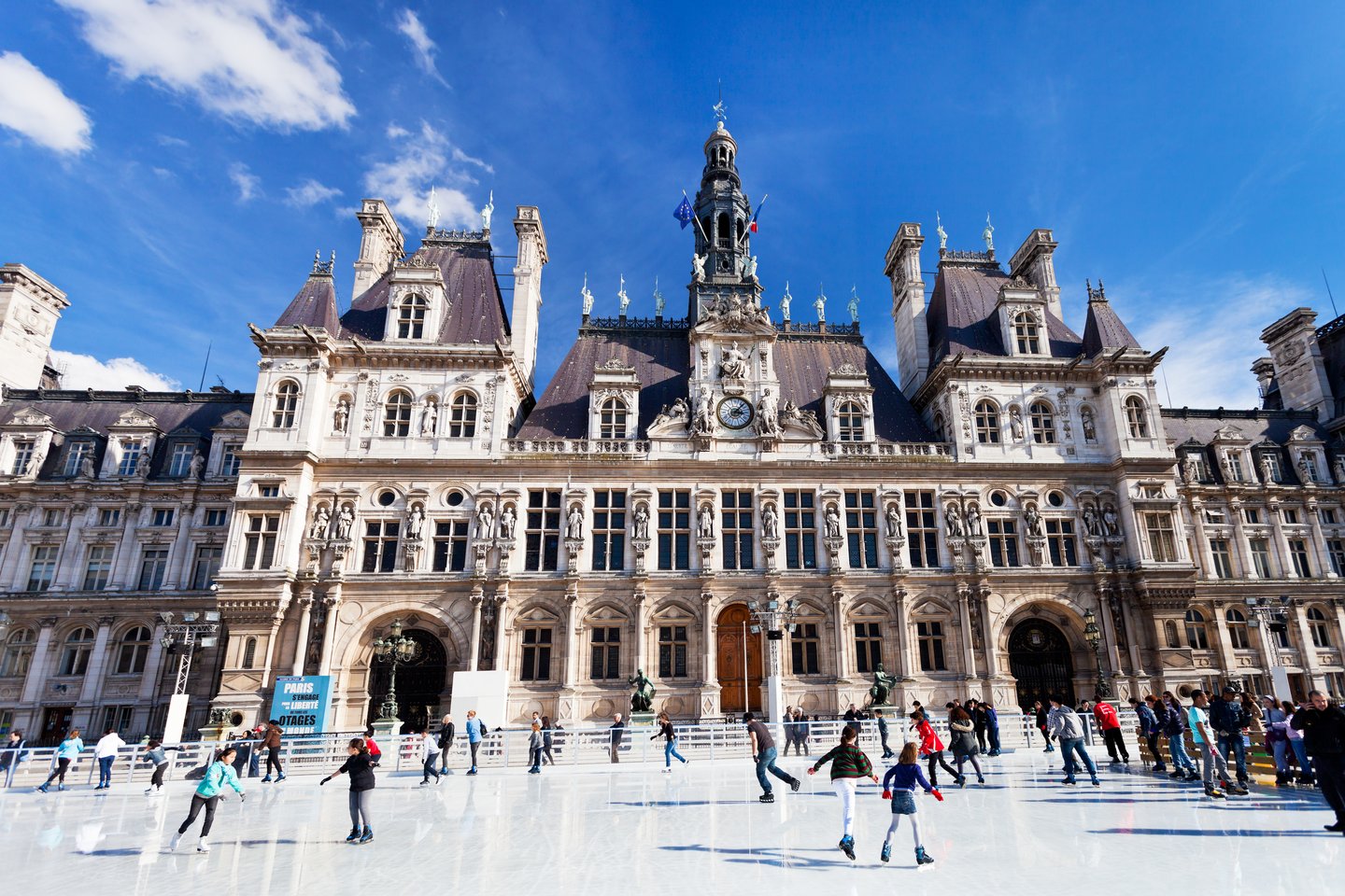 Skating at the Hotel de Ville ice rink outside the City Hall in Paris