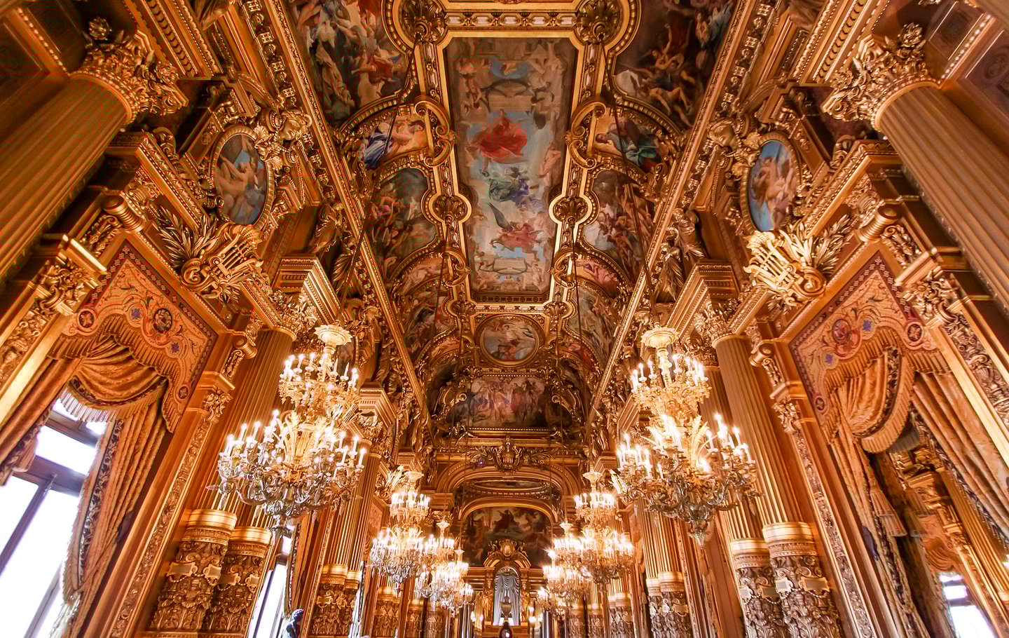 The stunning painted ceiling of Palais Garnier, the opera house in Palace