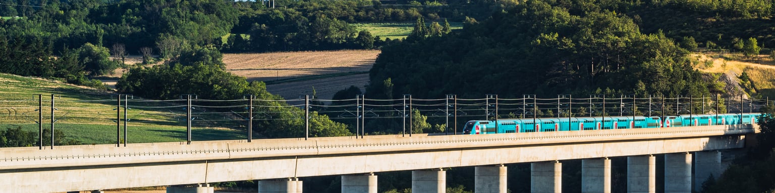 A train travelling over a bridge in France