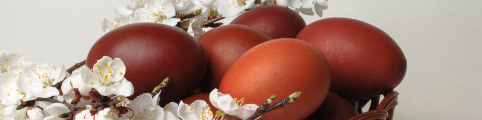 Flowers and eggs in a basket for Easter
