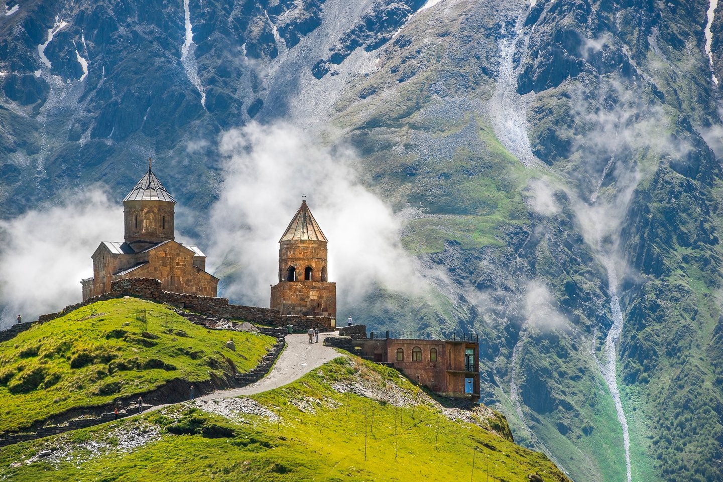 Gergeti Trinity Church in the mountains of Kazbegi National Park, Georgia.