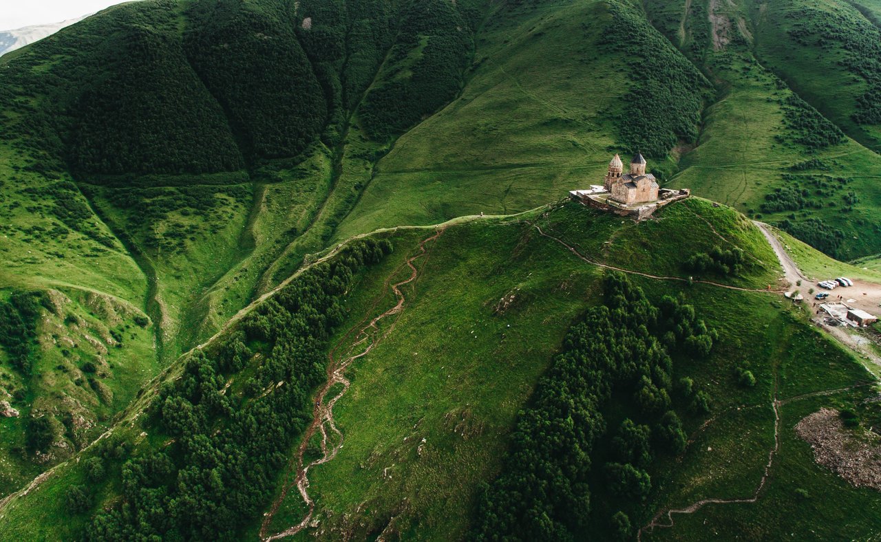 Gergeti Trinity Church high in the Kazbek Mountains in Georgia.