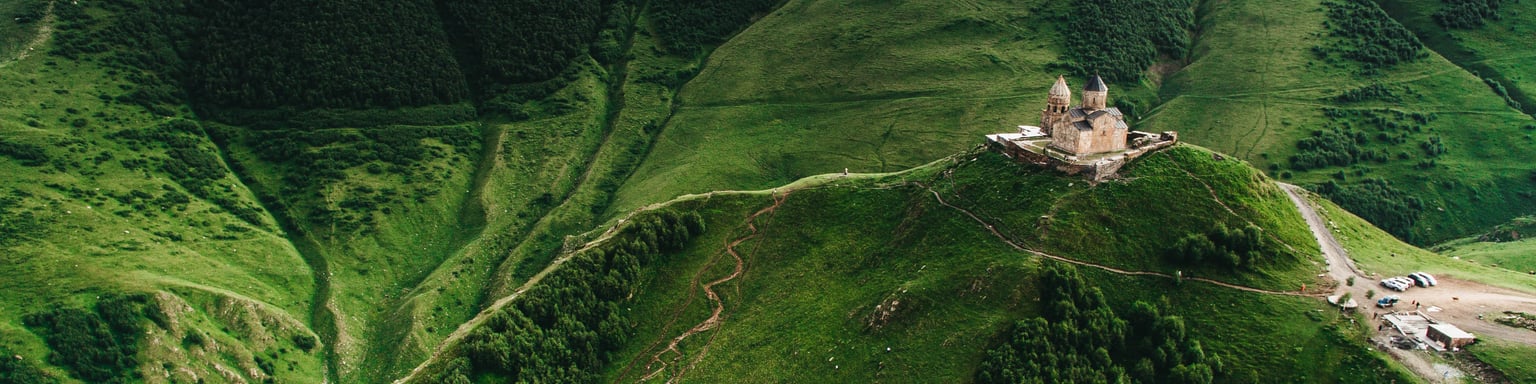 Gergeti Trinity Church high in the Kazbek Mountains in Georgia.