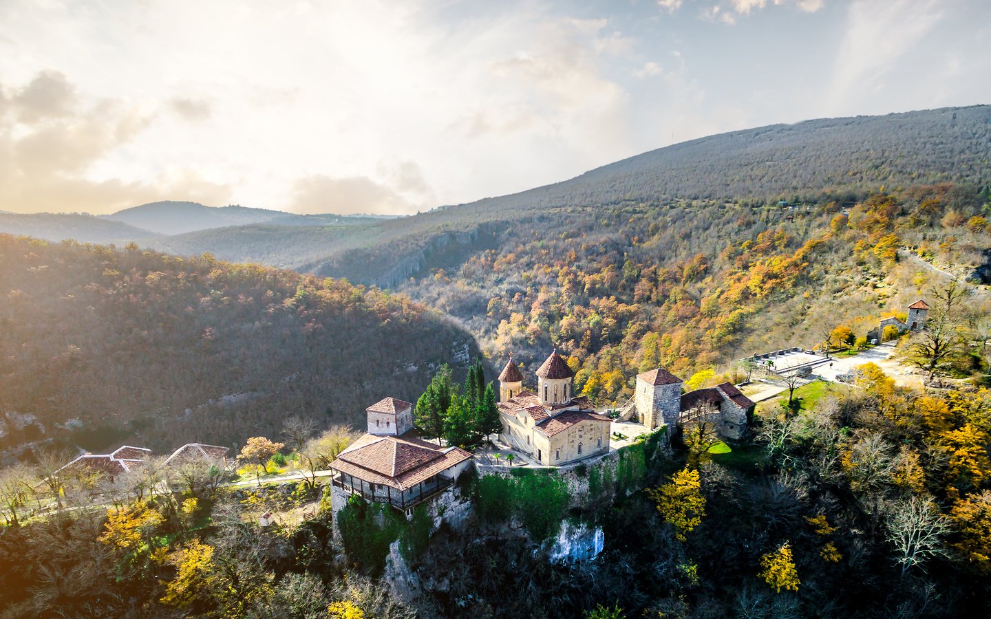An aerial view of Motsameta Monastery in Autumn