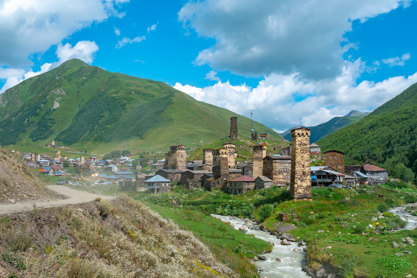 View of the Ushguli village at the foot of Mt. Shkhara in Georgia