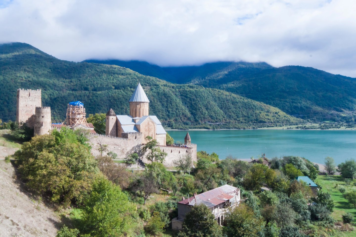 The beautiful Svetitskhoveli Monastery on the banks of a river in Mtskheta, Georgia