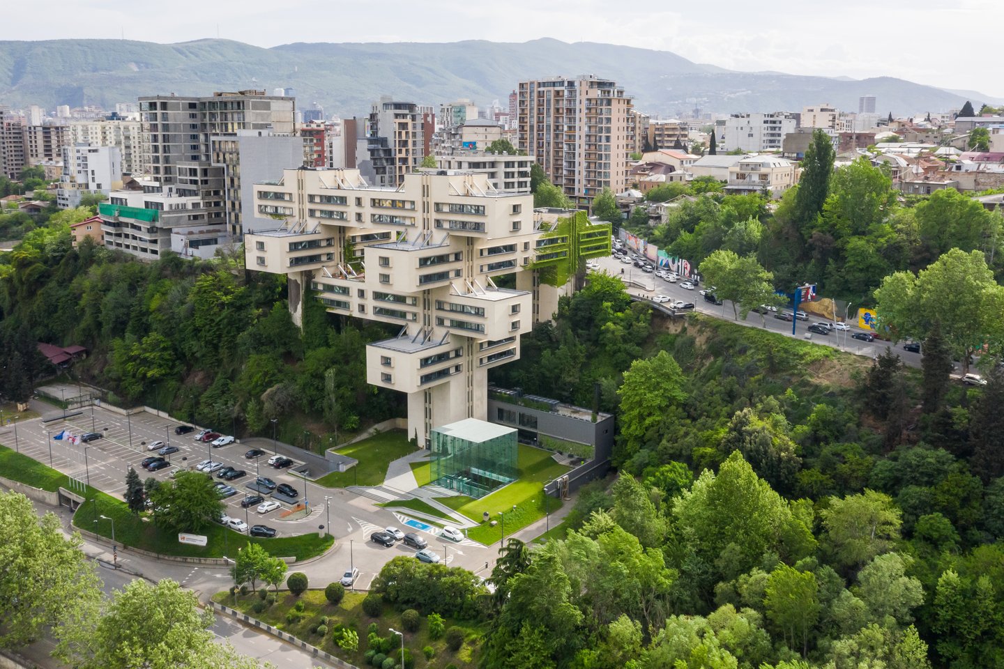 The Bank of Georgia building in Tbilisi, Georgia in summer.