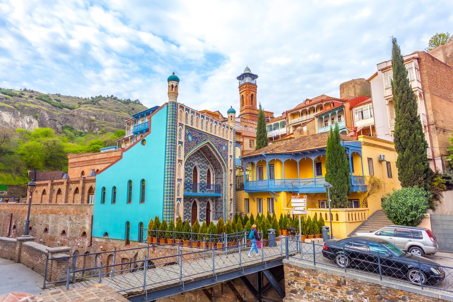 The colourful facade of the Orbeliani Baths in Tbilisi, Georgia.