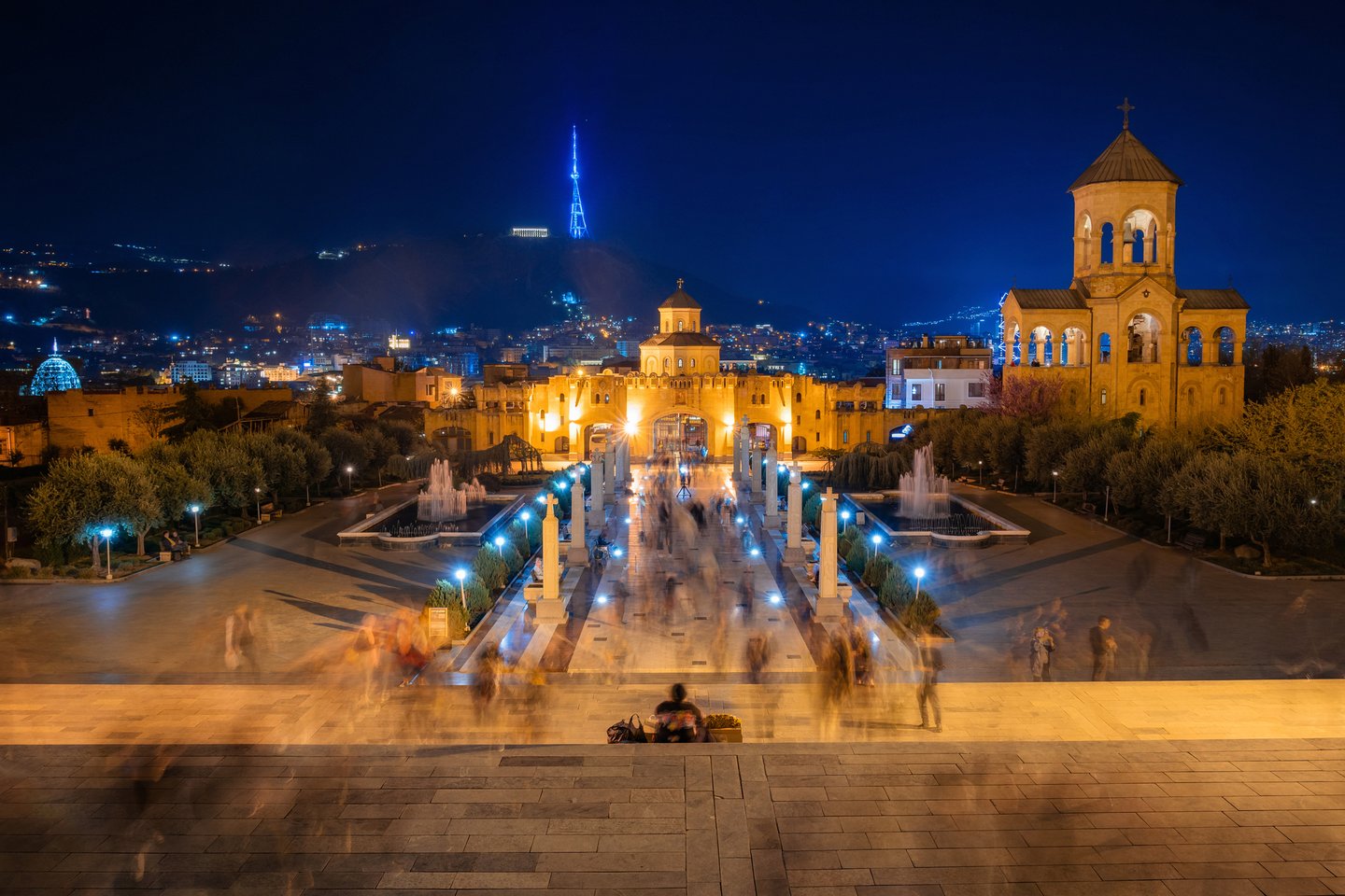 Tsminda Sameba Gate and bell tower in Tbilisi on Easter