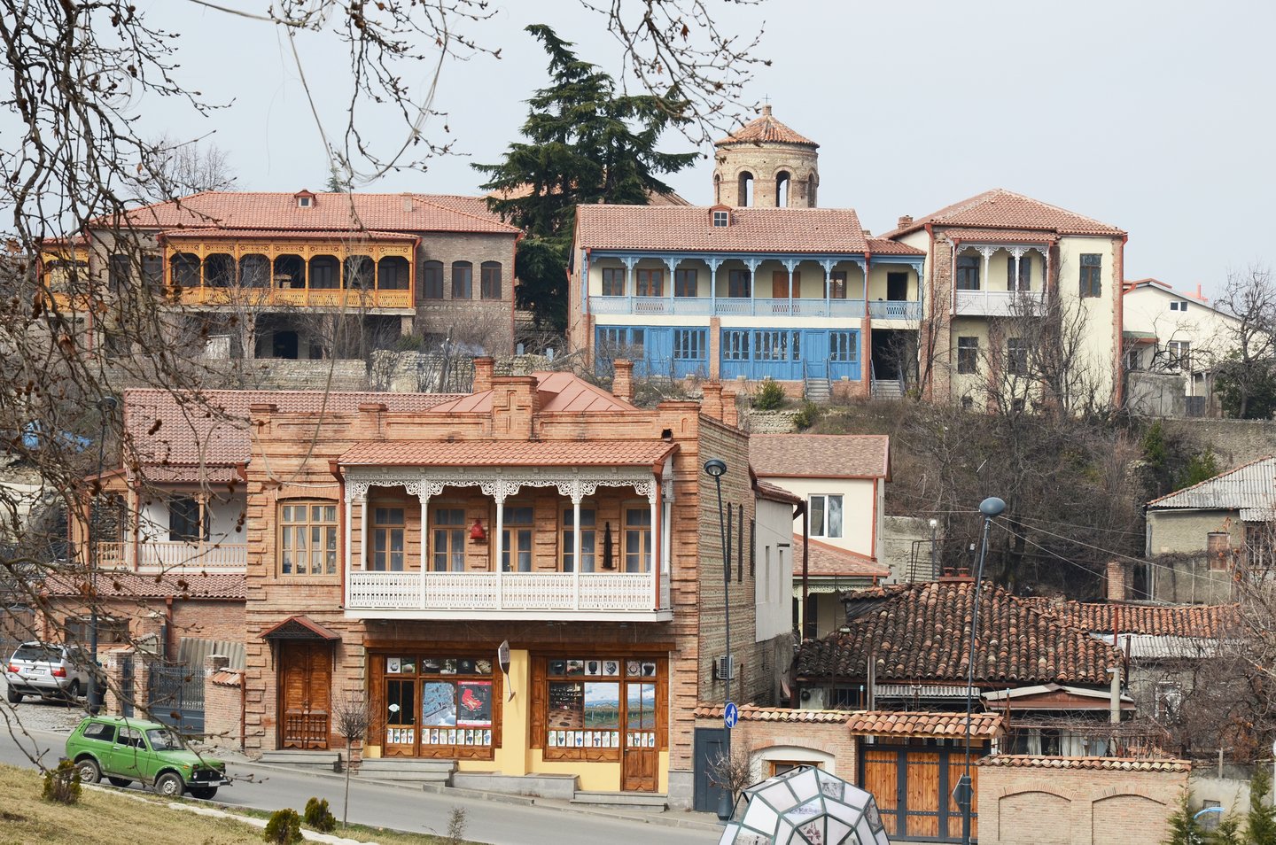 Traditional houses with lacy balconies in Telavi, Georgia