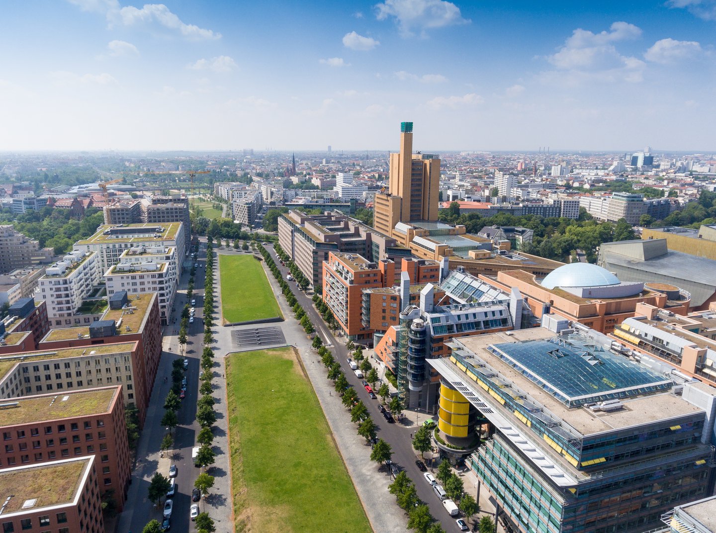Aerial view of Potsdamer Platz area and gardens in Berlin, Germany