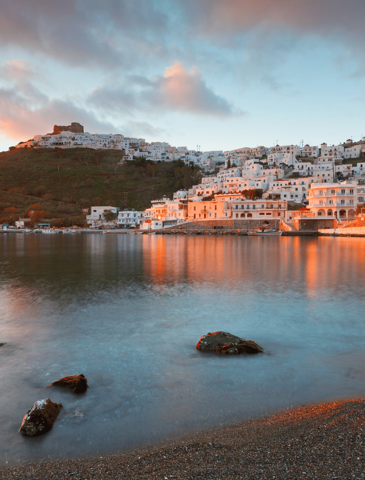 Chora village and the old harbour of Astypalea island in Greece