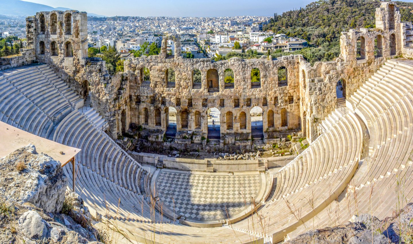 The Odeon of Herodes Atticus, an ancient Roman theatre on the Acropolis in Athens.