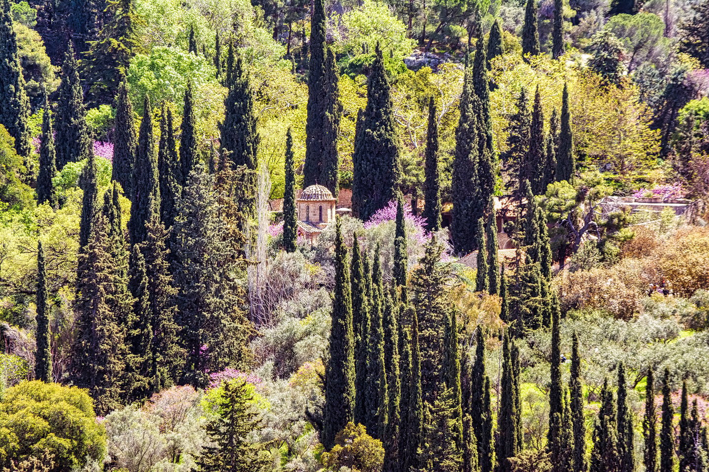 View of the Hymettus mountain and Kaisariani monastery in Athens, Greece