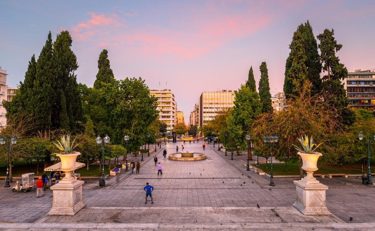 View of the Athenian high street Ermou across Syntagma square in central Athens