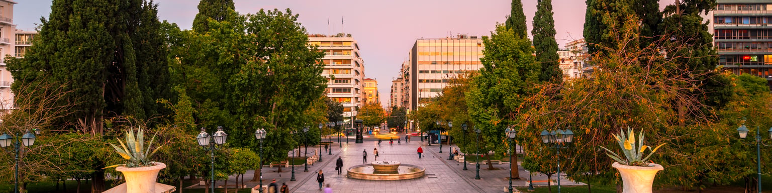 View of the Athenian high street Ermou across Syntagma square in central Athens