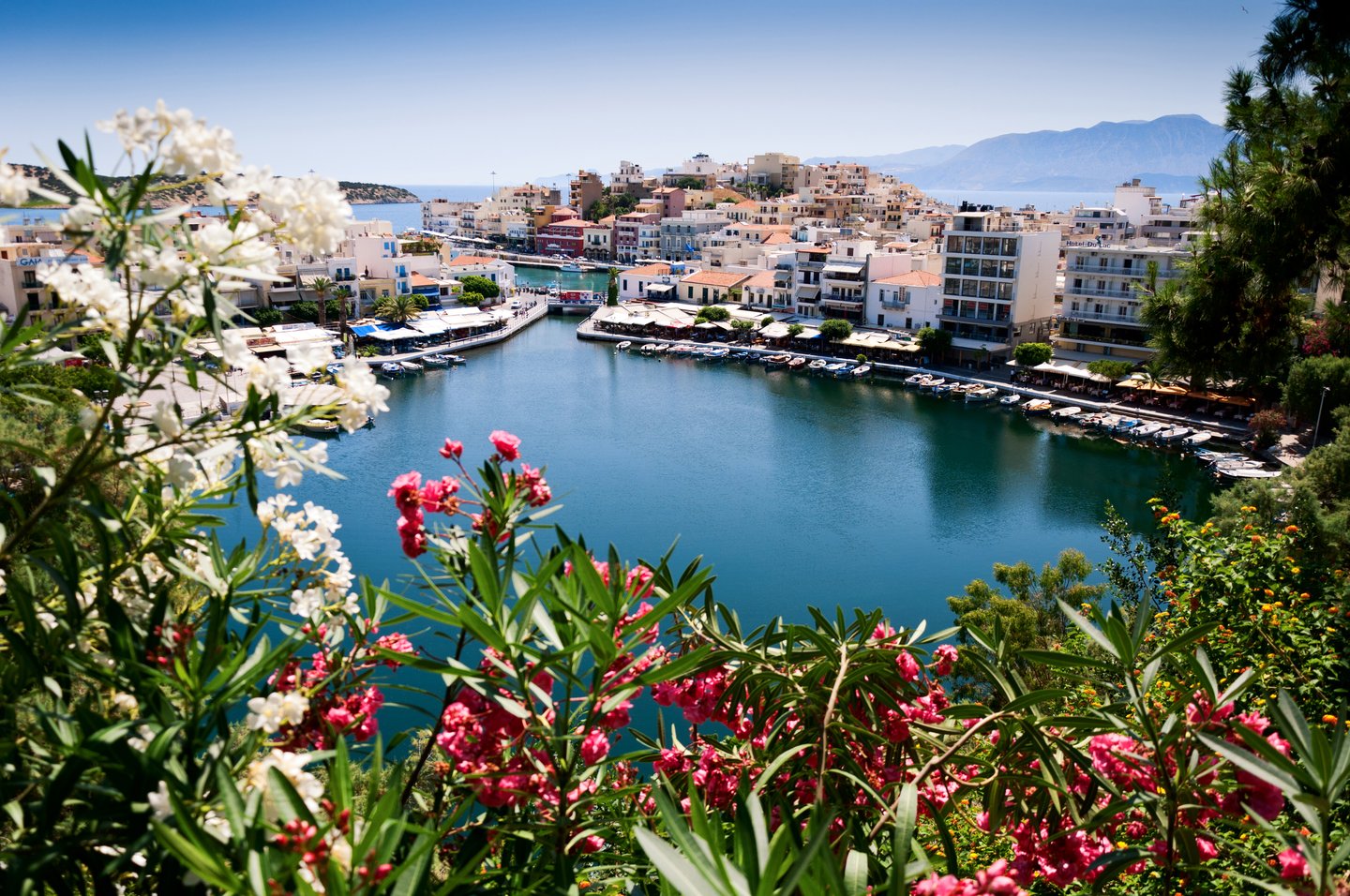 The harbour of the pretty town of Agios Nikolaos in Crete, Greece