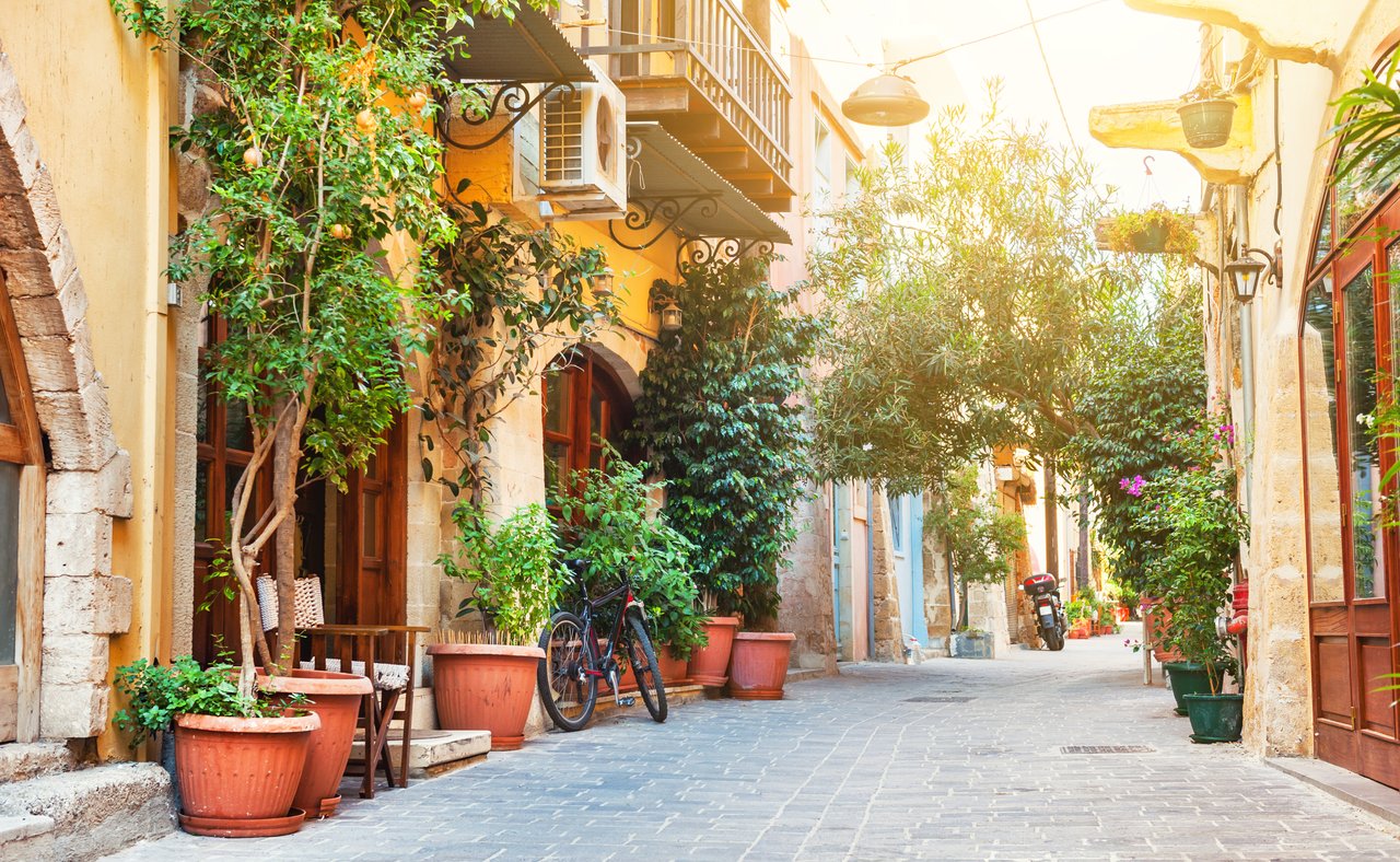 A charming street in the town of Chania on the island of Crete.