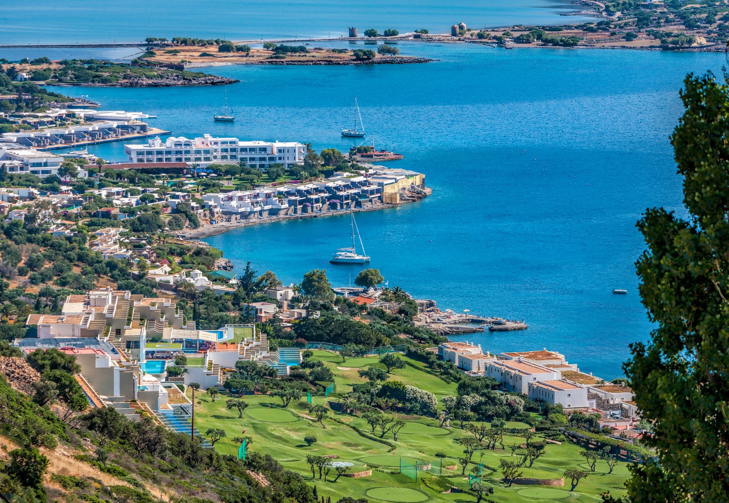 An aerial view of Elounda and Mirabello Bay in Crete, Greece