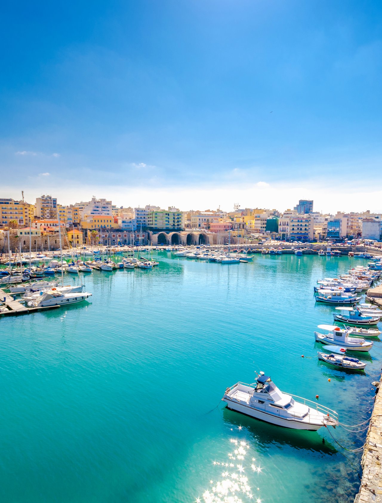 Looking back at Heraklion Harbour on a sunny day