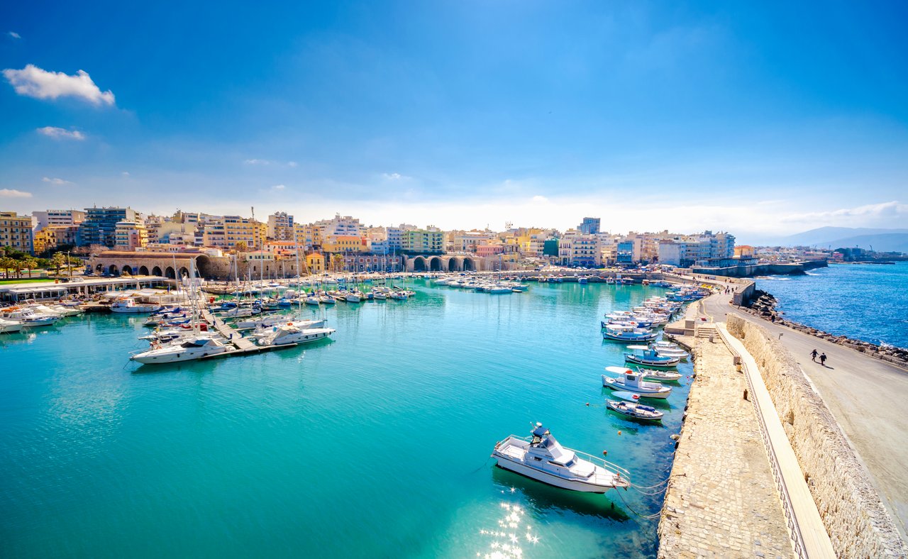 Looking back at Heraklion Harbour on a sunny day