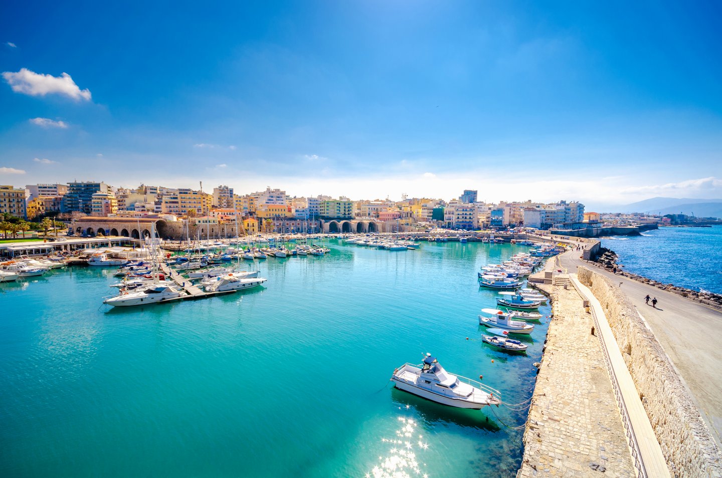 Looking back at Heraklion Harbour on a sunny day