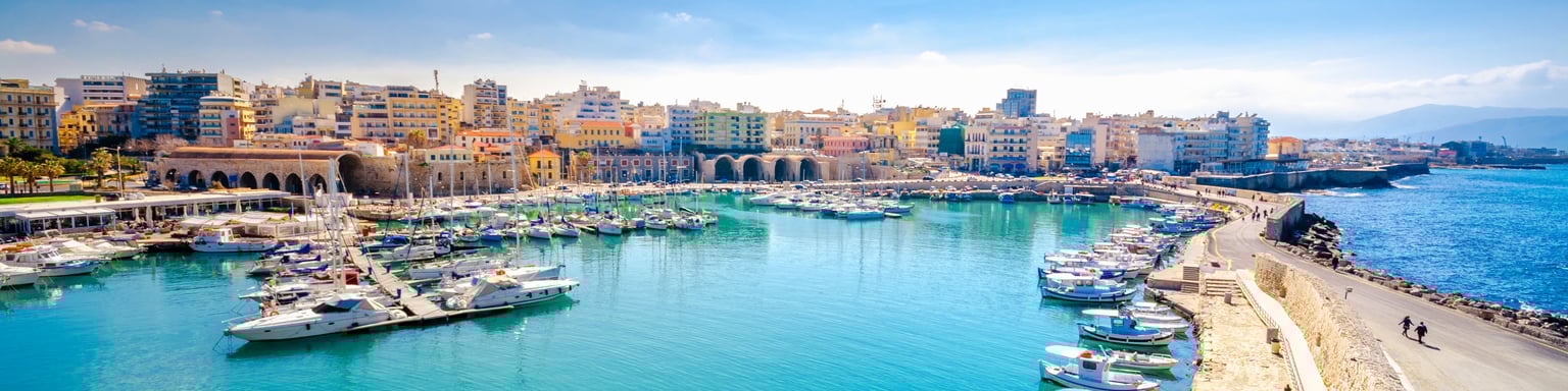 Looking back at Heraklion Harbour on a sunny day