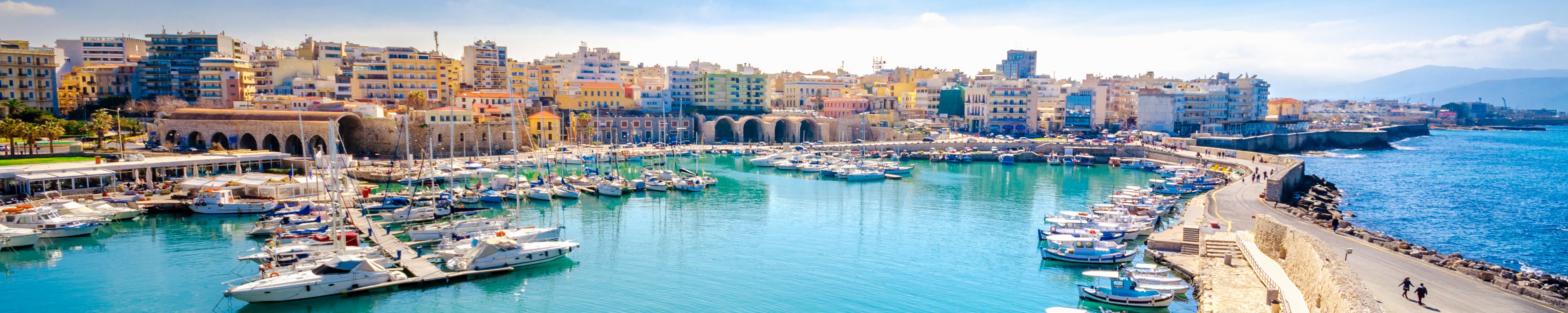Looking back at Heraklion Harbour on a sunny day
