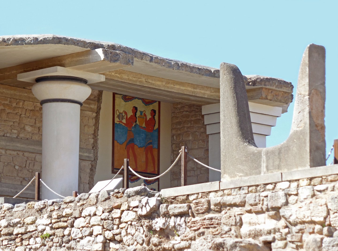 Southern entrance to Knossos showing horns and cup bearer fresco.