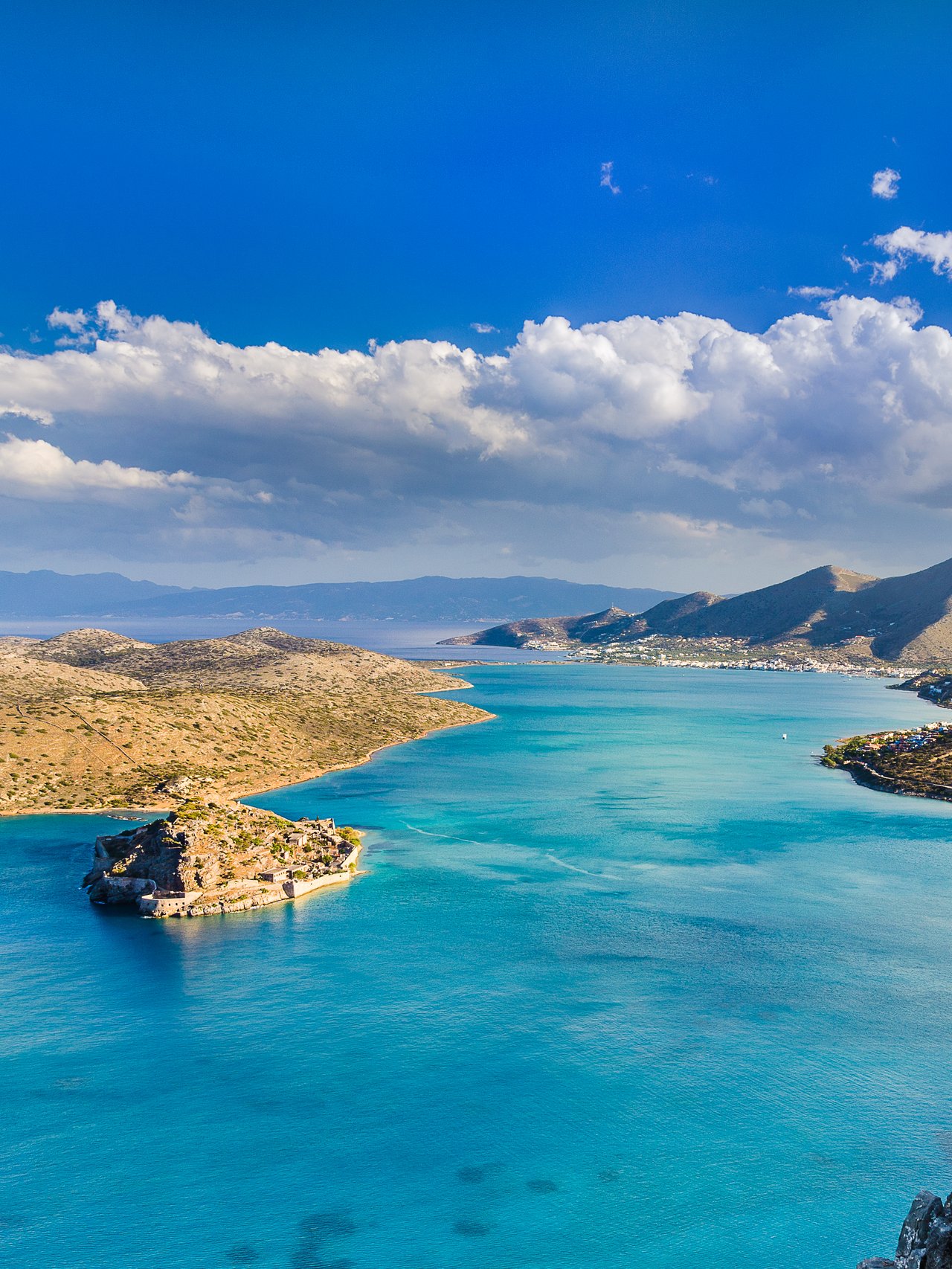 An aerial view of Mirabello Bay and Spinalonga Island in Greece