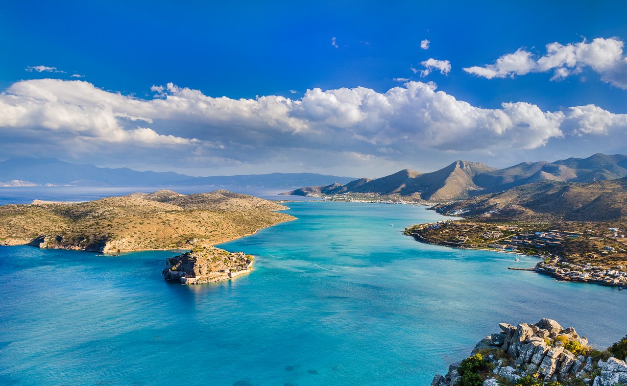 An aerial view of Mirabello Bay and Spinalonga Island in Greece