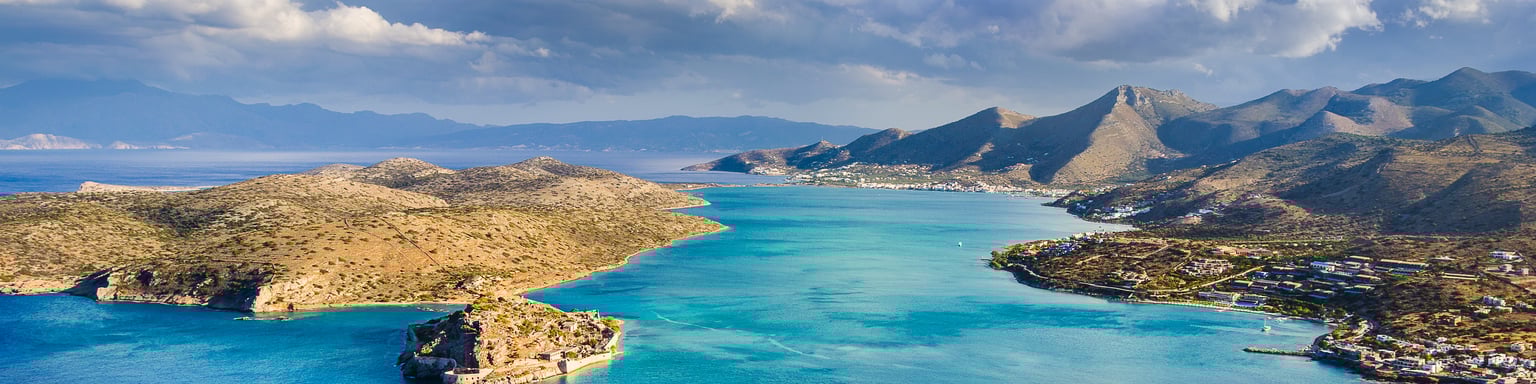 An aerial view of Mirabello Bay and Spinalonga Island in Greece