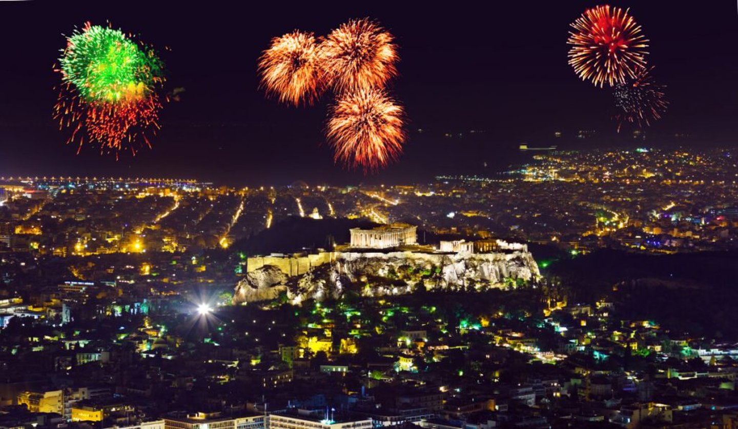 Fireworks as seen from Mt Lycabettus in Athens.